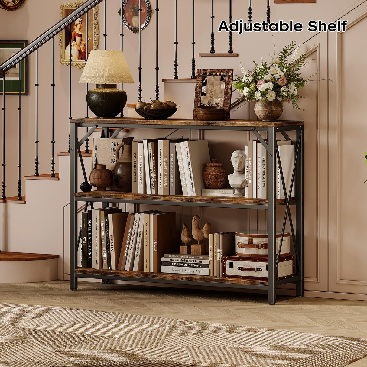 Homeiju Entry Table 40" Width, 3-Tier Entryway Table with Storage, Industrial Sofa Table with Open Shelves, Foyer Tables for Entryway, Hallway, Kitchen, Living Room and Bedroom, Rustic Brown Homeiju