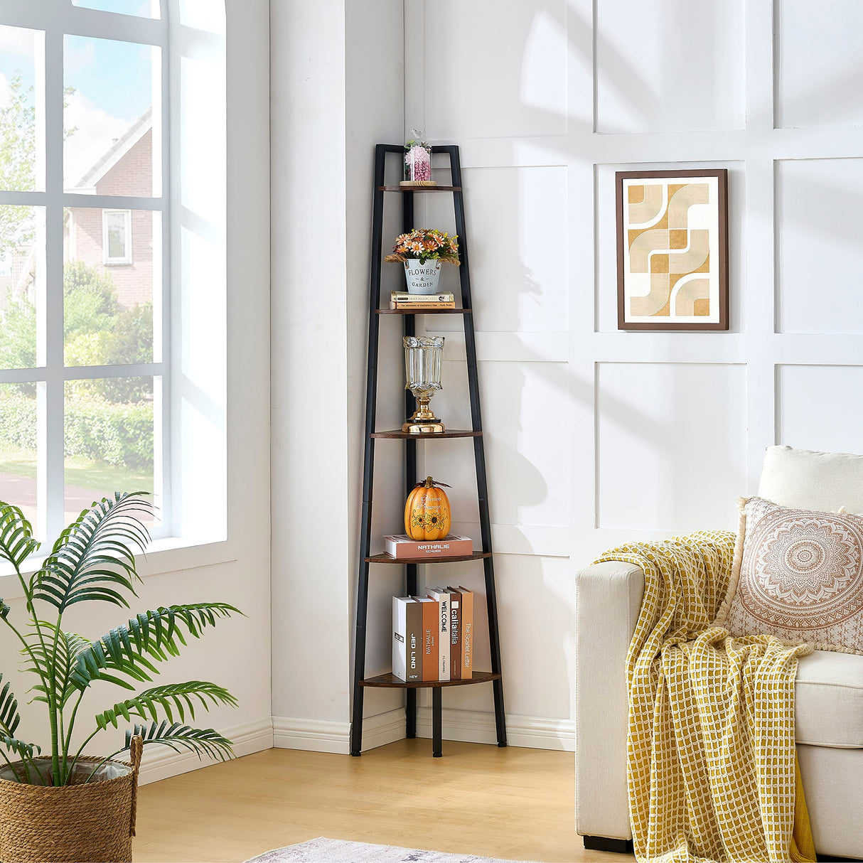 Hoctieon 5-Tier Rustic Brown Corner Shelf - Industrial Ladder Display Rack for Small Spaces Hoctieon
