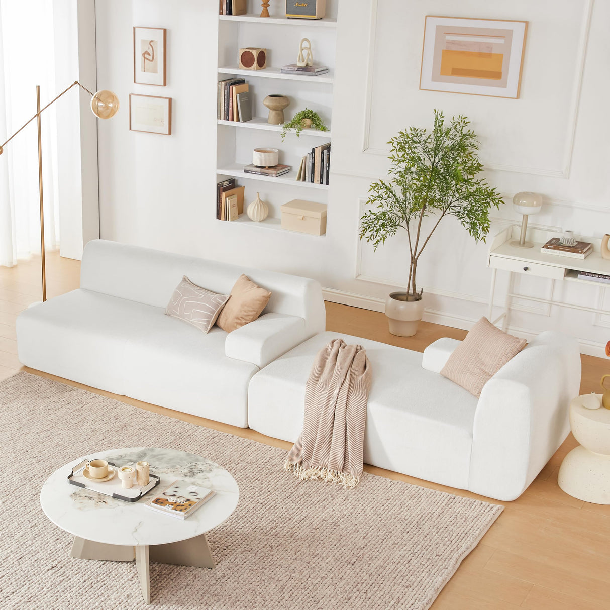 Huatean Home 107" Modular Sectional Sofa, Sponge Sectional Sofa Couch for Living Room, High Density Sponges Cloud Couch,Modular L-Shape Sofa Couch with Chaise, White Huatean Home