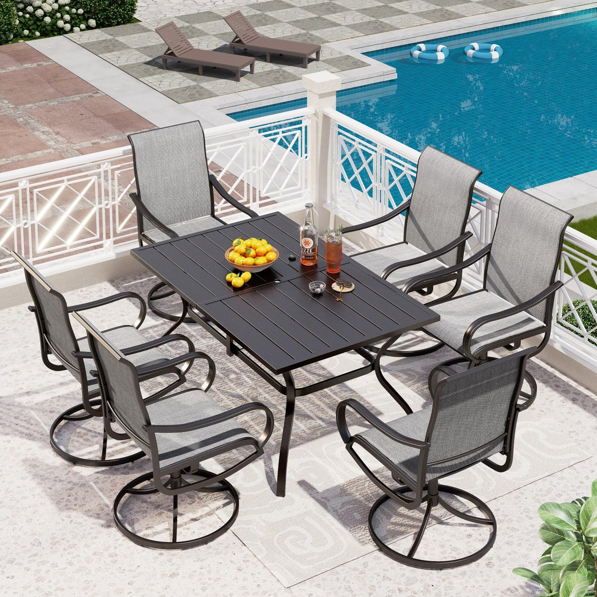 PHI VILLA Patio Dining Set for 6, Large Metal Table and 6 Outdoor Swivel Dining Chairs with Textilene Mesh Fabric, All Weather Patio Dining Furniture Set for Deck Lawn Garden (Gray) PHI VILLA