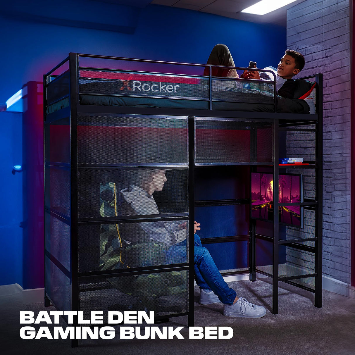 X Rocker Battle Den Twin Size Gaming Bunk Bed, Metal Frame with Grid Mesh Sides, High Sleeper, Fixed Ladder, Black X Rocker