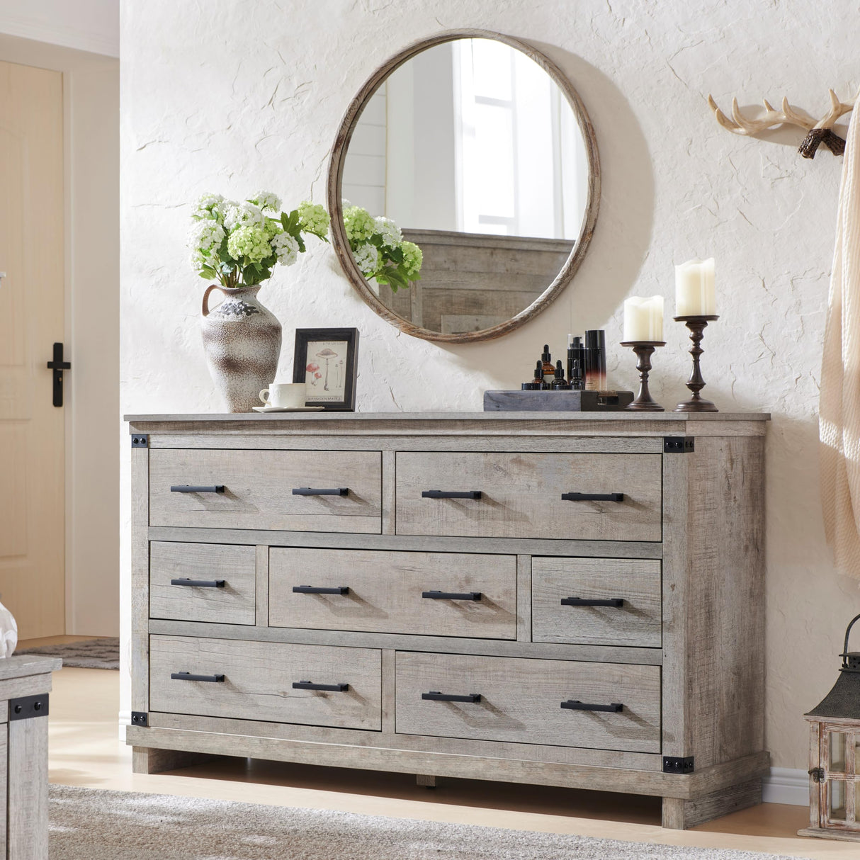 Farmhouse 7 Drawer Dresser for Bedroom - Wood Large Dressers & Chests of Drawers for Closet, 54 Inch Wide Dresser TV Stand with Storage for Bedroom, Living Room, Light Rustic Oak RedLemon