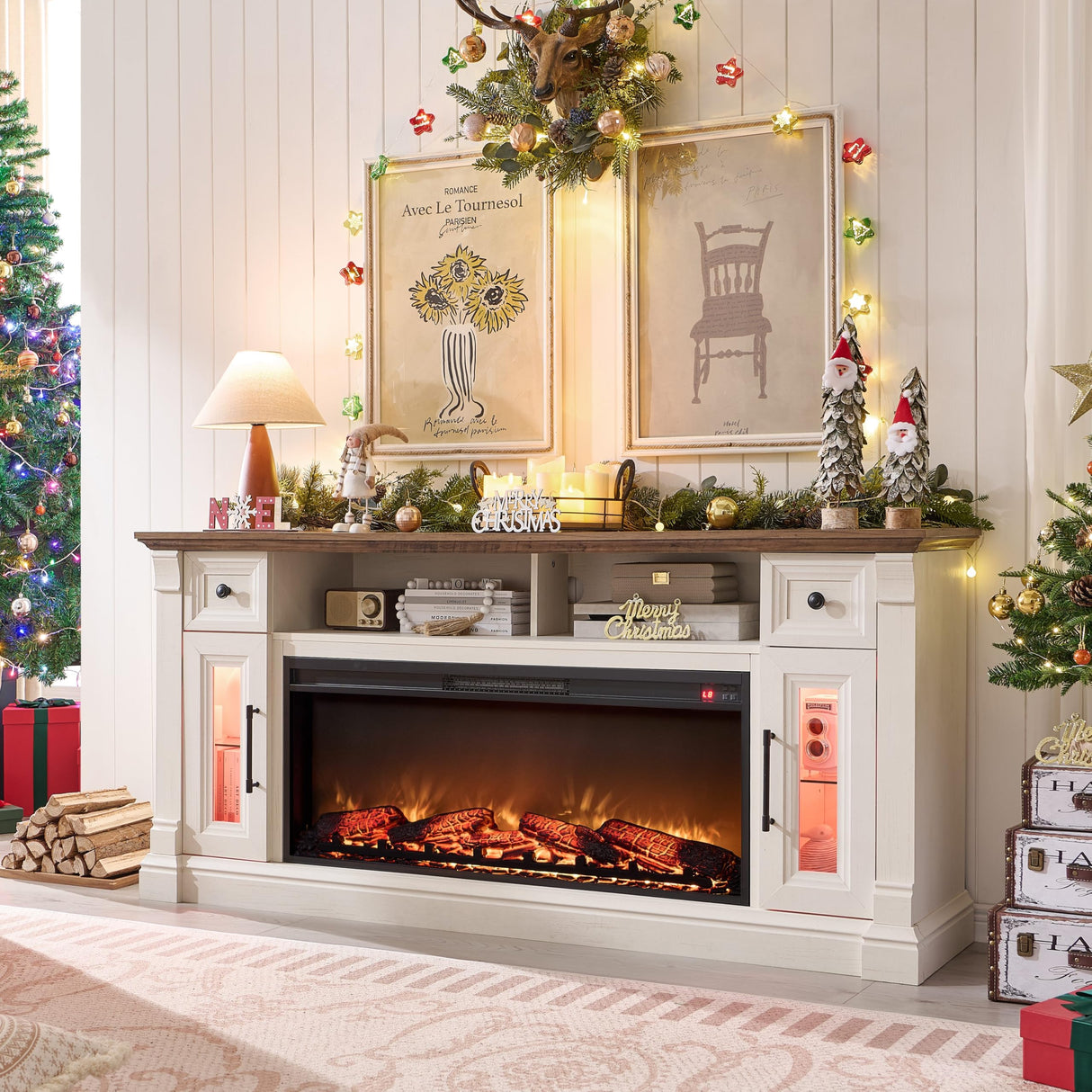 T4TREAM Farmhouse Fireplace TV Stand for 80" TV – Wood Entertainment Center with 42" Electric Fireplace, LED Lights, and Adjustable Storage for Cozy Living Room Ambiance, Antique White T4TREAM