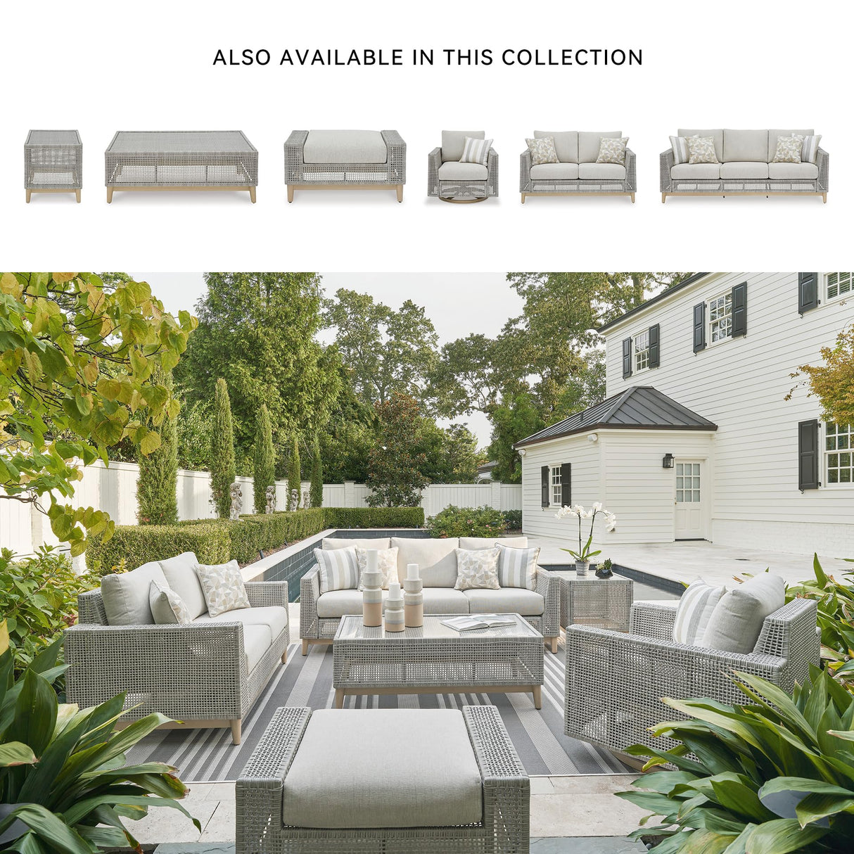 Signature Design by Ashley Seton Creek Cottage Weather Resistant Outdoor Loveseat with Cushion and 2 Throw Pillows, Light Brown & Light Gray Signature Design by Ashley