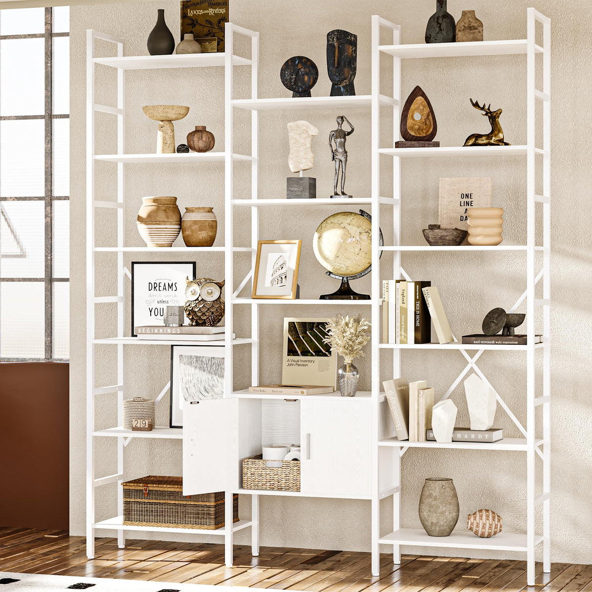 astimey 70x78 “ Triple 6 Tier Book Shelf, Industrial Large Bookcase with Storage Cabinet, Tall Bookshelf with 16 Open Display Shelves Metal Frame Furniture for Living Room Bedroom Home Office White astimey