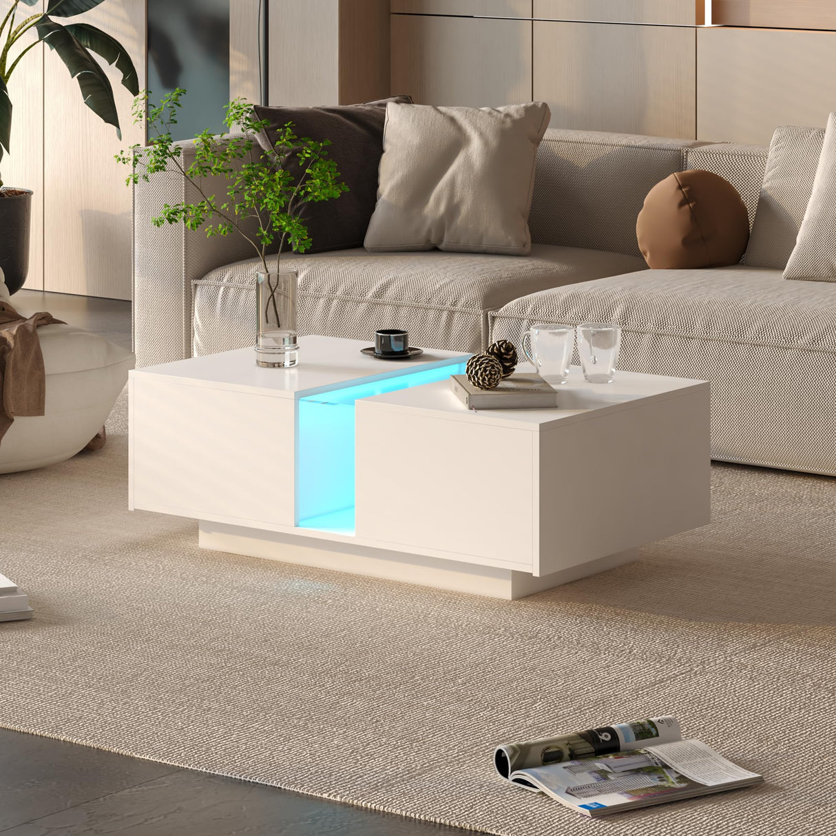 HedoAjim White Led Coffee Table for Living Room, Rectangular Living Room Table with Storage, Acrylic Coffee Tables with 2 Sliding Drawers, Wood Center Table for Reception Dinning Room HedoAjim