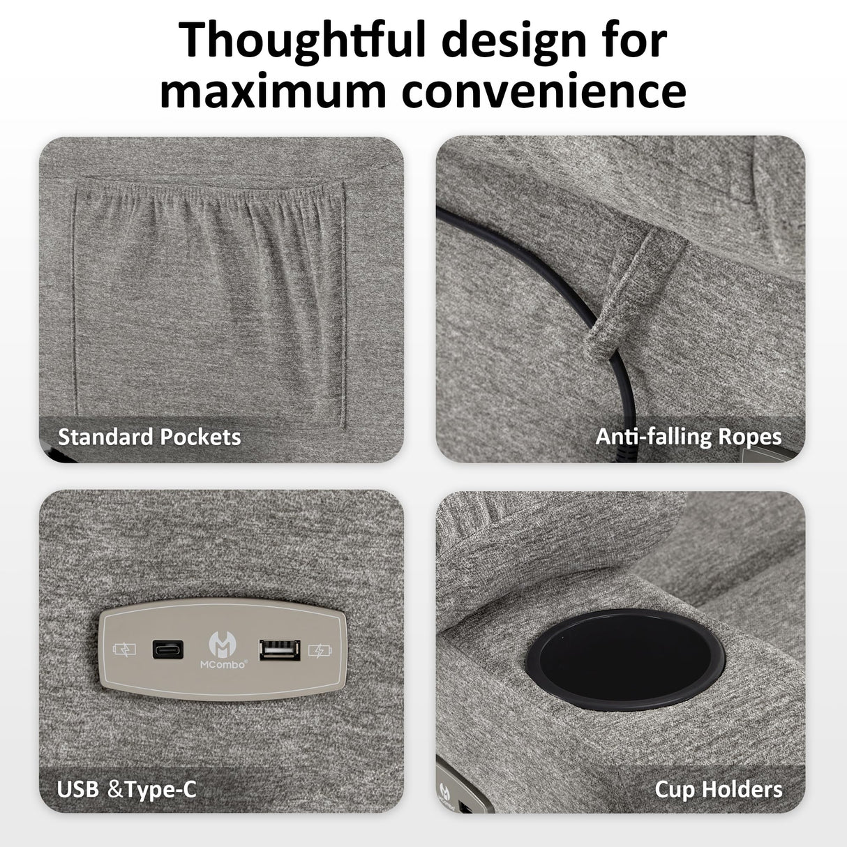 MCombo Power Lift Recliner Chair with Extended Footrest for Elderly People, Fabric 7287 (Light Grey, Medium) MCombo