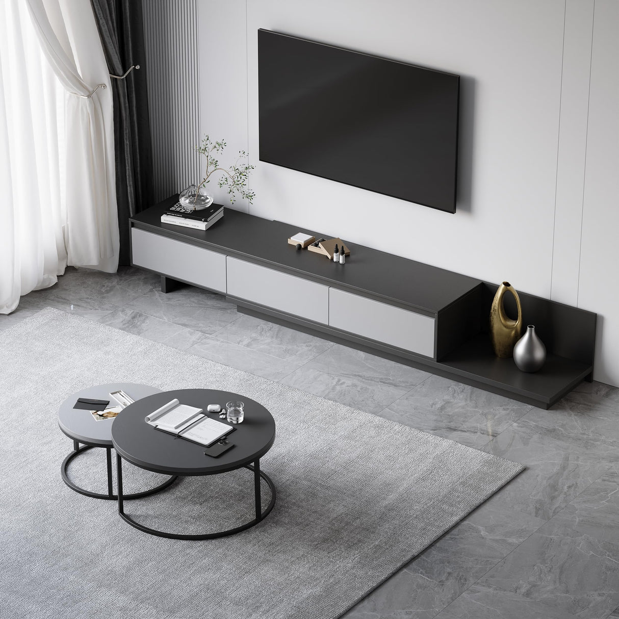 homary Extendable TV Stand & Nesting Coffee Table Set, 2-Piece Modern Entertainment Center with Drawers Set for Living Room (Gray, 78.7" W×15.7" D×13.8" H) homary