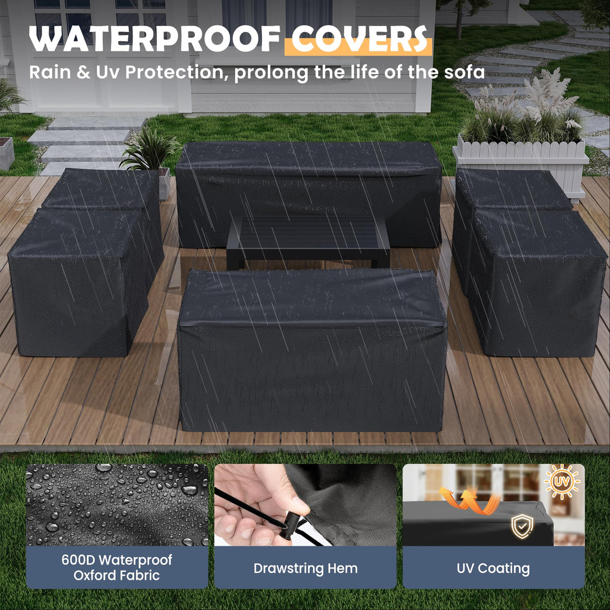 Amopatio Aluminum Patio Furniture Set, 10 Pieces Modern Patio Conversation Sets, Outdoor Sectional Metal Sofa with Coffee Table for Balcony, Garden, Dark Grey&Blue (Included Waterproof Covers) Amopatio