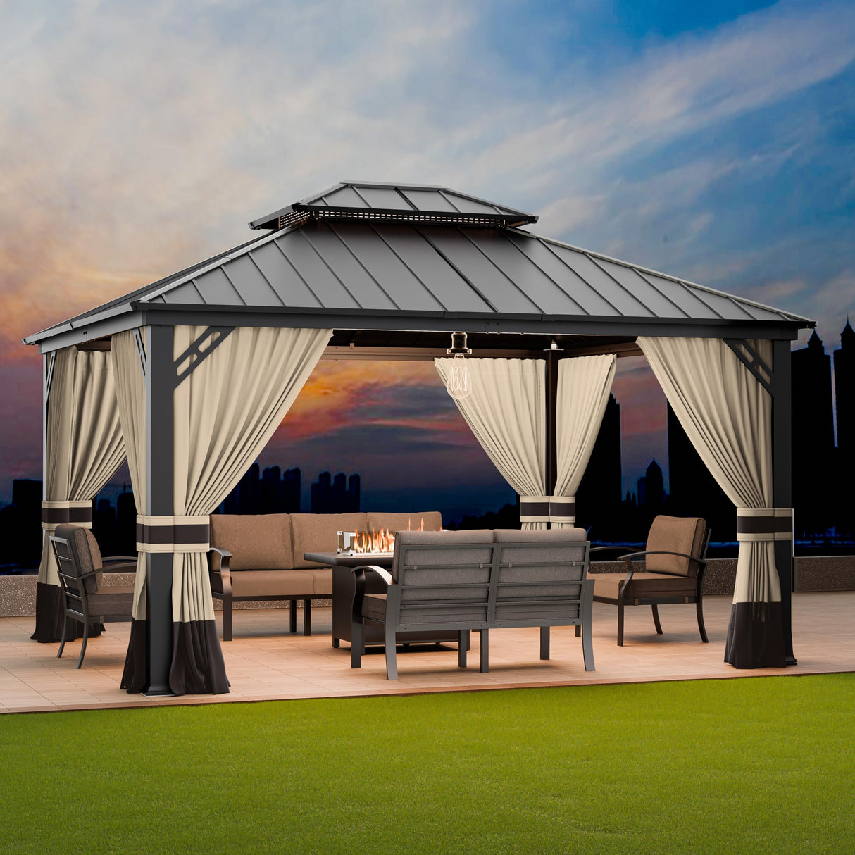RTDTD 12’x14’ Hardtop Gazebo Outdoor Aluminum Frame Permanent Gazebo Galvanized Steel Double Roof Pergola with Nettings and Curtains for Patio, Lawns,Backyard, Deck(Brown) RTDTD