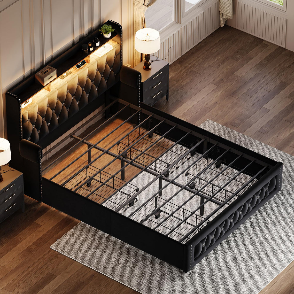 Ailisite Queen Size Bed Frame with 4 Storage Drawers and RGB Led Lights,Velvet Upholstered Queen Platform Bed with Charging Station and Bookcase Storage Headboard, with Crystal and Rivet Deco, Black Ailisite
