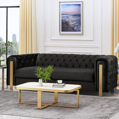 Asucoora Tufted Velvet Sofa Couch for Living Room, Upholstered Tuxedo Arm 3-Seater Sofa Couch with Golden Legs, Chesterfield Sofa Apartment, Office, Studio Black