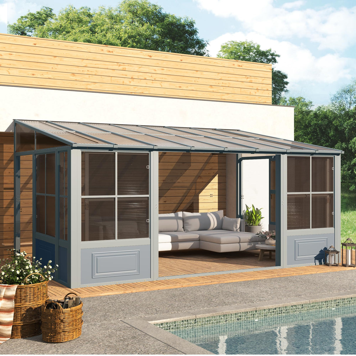 EROMMY 10' x 16' Sunroom, Wall Mounted Gazebo Solarium with Aluminum Frame, Polycarbonate Roof, Permanent Sun Room with Sliding Doors, Lockable PC Screen Walls, Lean to Gazebo for Garden, Patio, Deck EROMMY