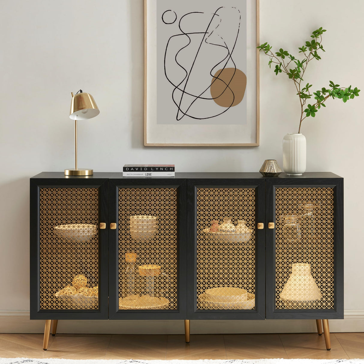 EDYO LIVING 63" Metal Decorative Sideboard Buffet Cabinet with LED Light, Black Credenza Storage Cabinet, Wood Accent Cabinet with 4 Doors for Living Room EDYO LIVING