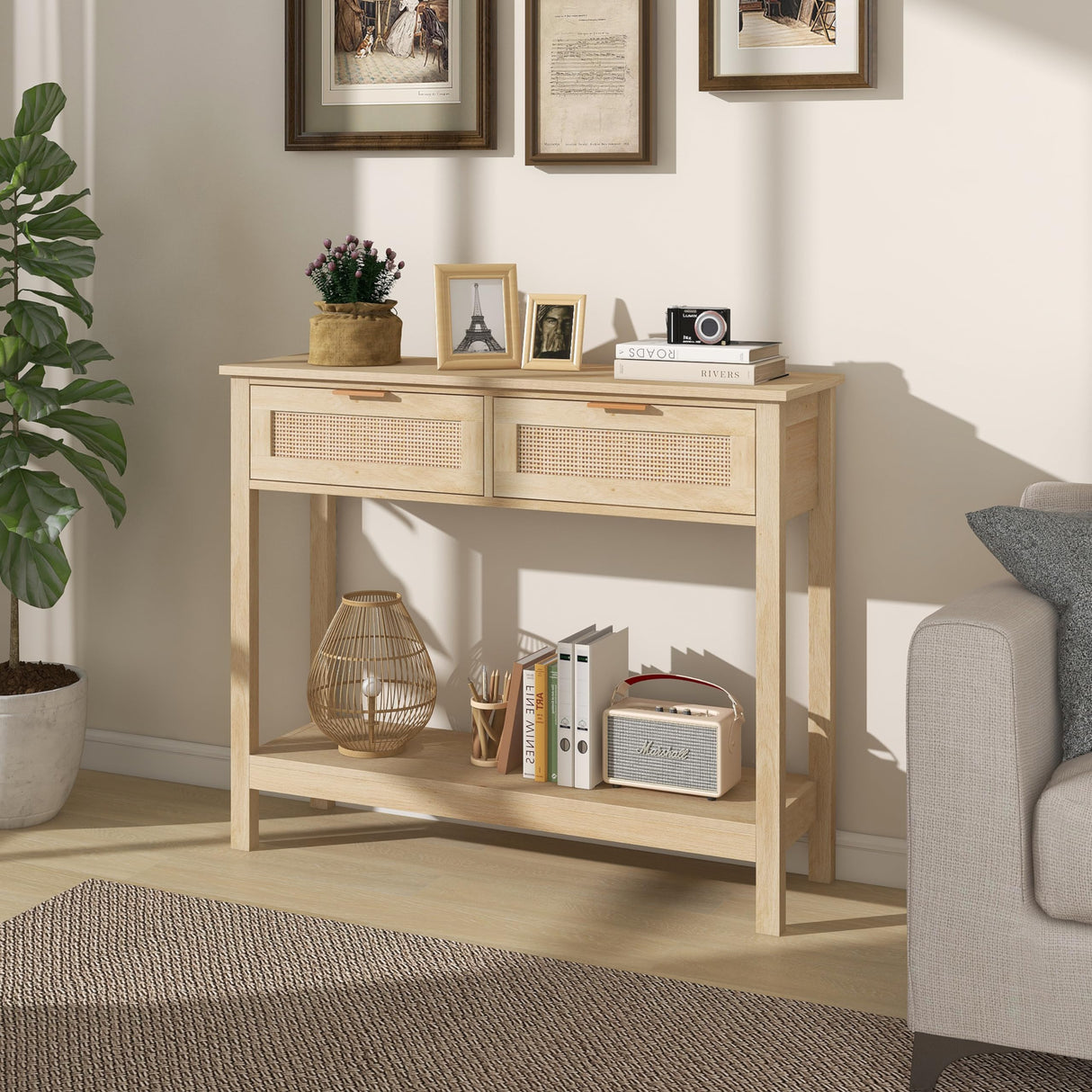 Trironsun Farmhouse Rattan Console Table with 2 Drawers 2 Tier Boho Narrow Long Sofa Table Natural with Open Storage Shelf Wood Entryway Table for Living Room Hallway Foyer (Nature, 39.4 Inch) Trironsun