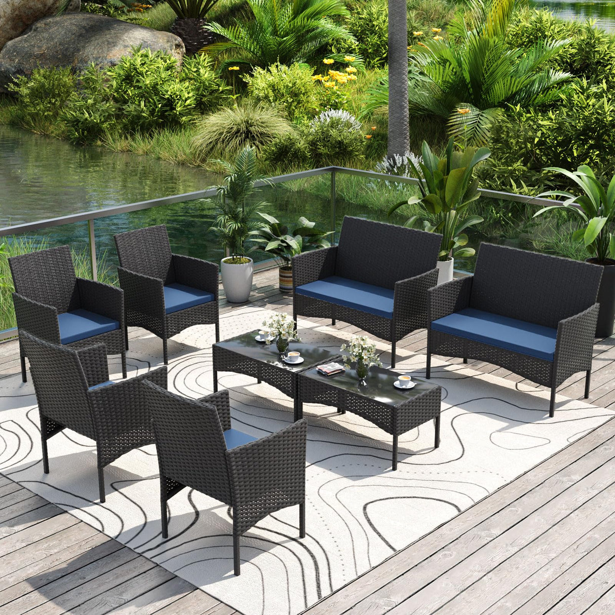 Gotland 8-Piece Outdoor Patio Furniture Set, Wicker Rattan Chairs & Sofa with Cushions and Glass Coffee Table, Conversation Set for Backyard, Lawn, Porch, Pool, Garden (Navy-1) Gotland
