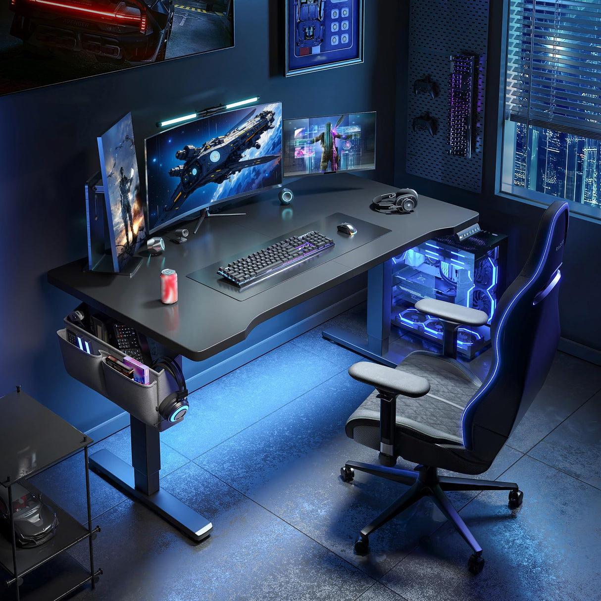 EnHomee Electric Gaming Standing Desk with LED Lights,48 x 24 Inch Height Adjustable Computer Desk with 3 Memory Preset,Gaming Sit Stand Desk with Storage Side Pocket and Cable Management,Black EnHomee