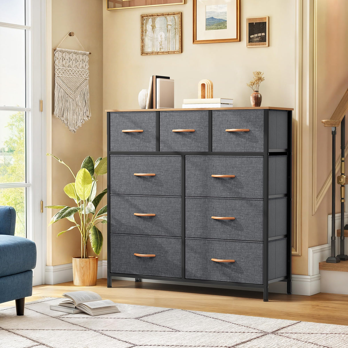 DWVO Dresser with 9 Drawers, Fabric Storage Dresser, Chest of Drawers, Storage Tower Organizer Unit for Living Room, Closets(Dark Grey) DWVO