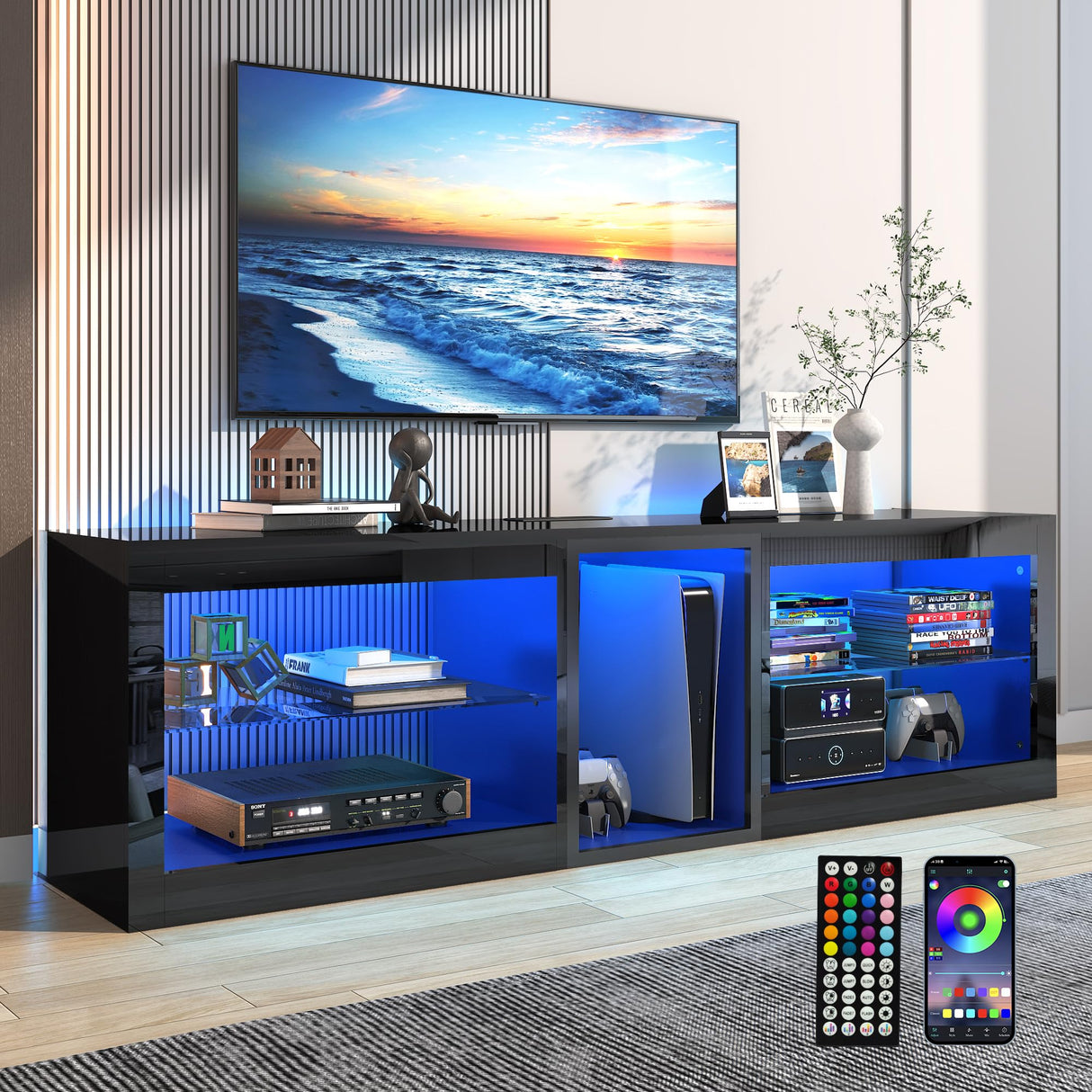Vinctik 6&Fox LED TV Stands for Living Room w/60,000-Colors Lights&6.5ft Power Outlet for 55 60 65 70inch TV,Modern High Gloss LED Black Entertainment Center w/Adjustable Shelves for Gameroom/Bedroom Vinctik 6&Fox