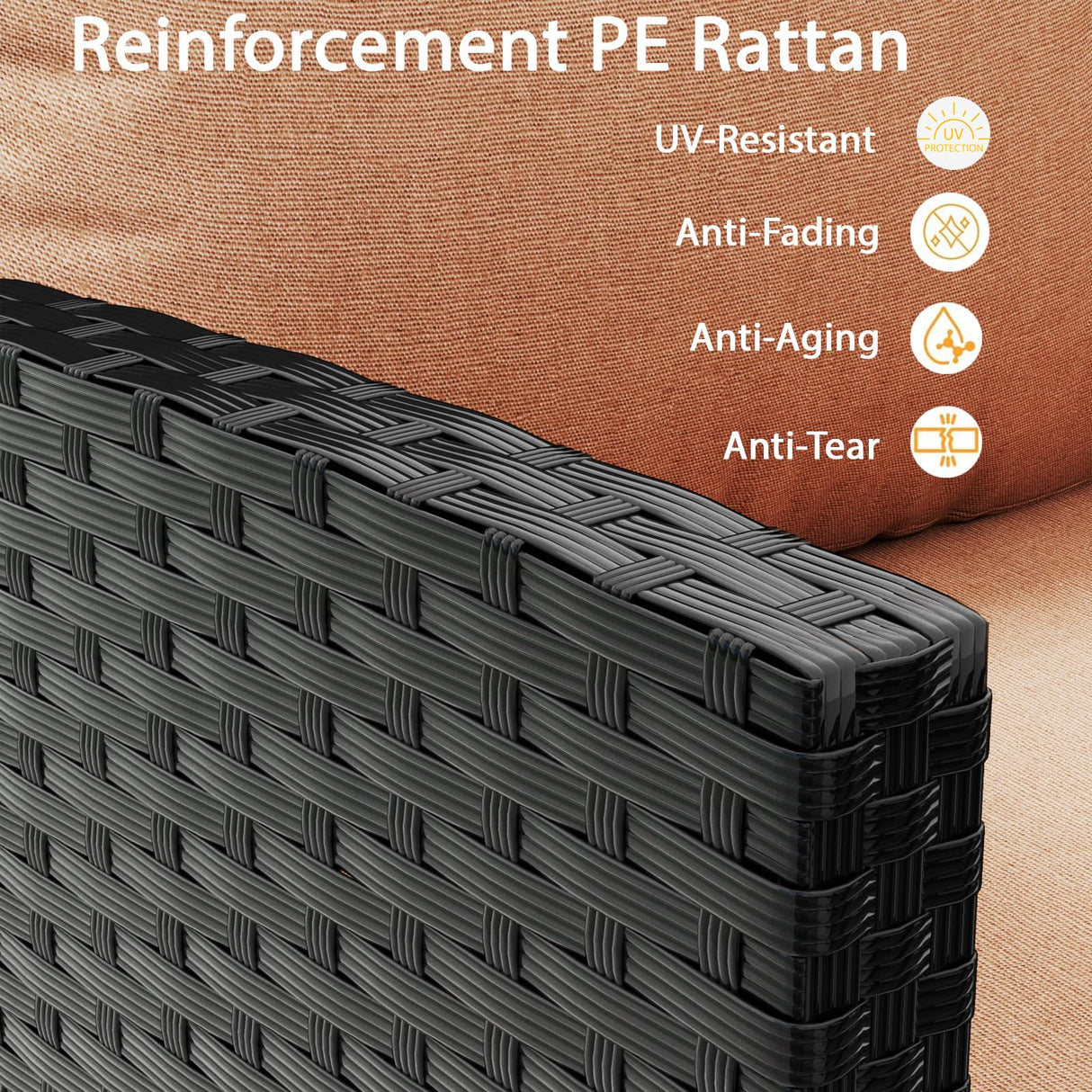 HLNPTN 7 Pieces Patio Conversation Set, Outdoor Furniture Sectional with Throw Pillows and Anti-Slip Cushions, PE Rattan Sofa Set with Dining Table & Ottomans, Khaki HLNPTN