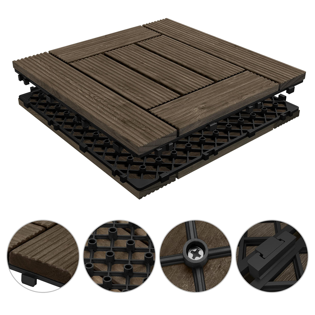 Yaheetech 27PCS Wooden Flooring Patio Deck Tiles Interlocking Tiles Patio Solid Wood and Plastic Indoor&Outdoor 12 x 12in, Black Yaheetech