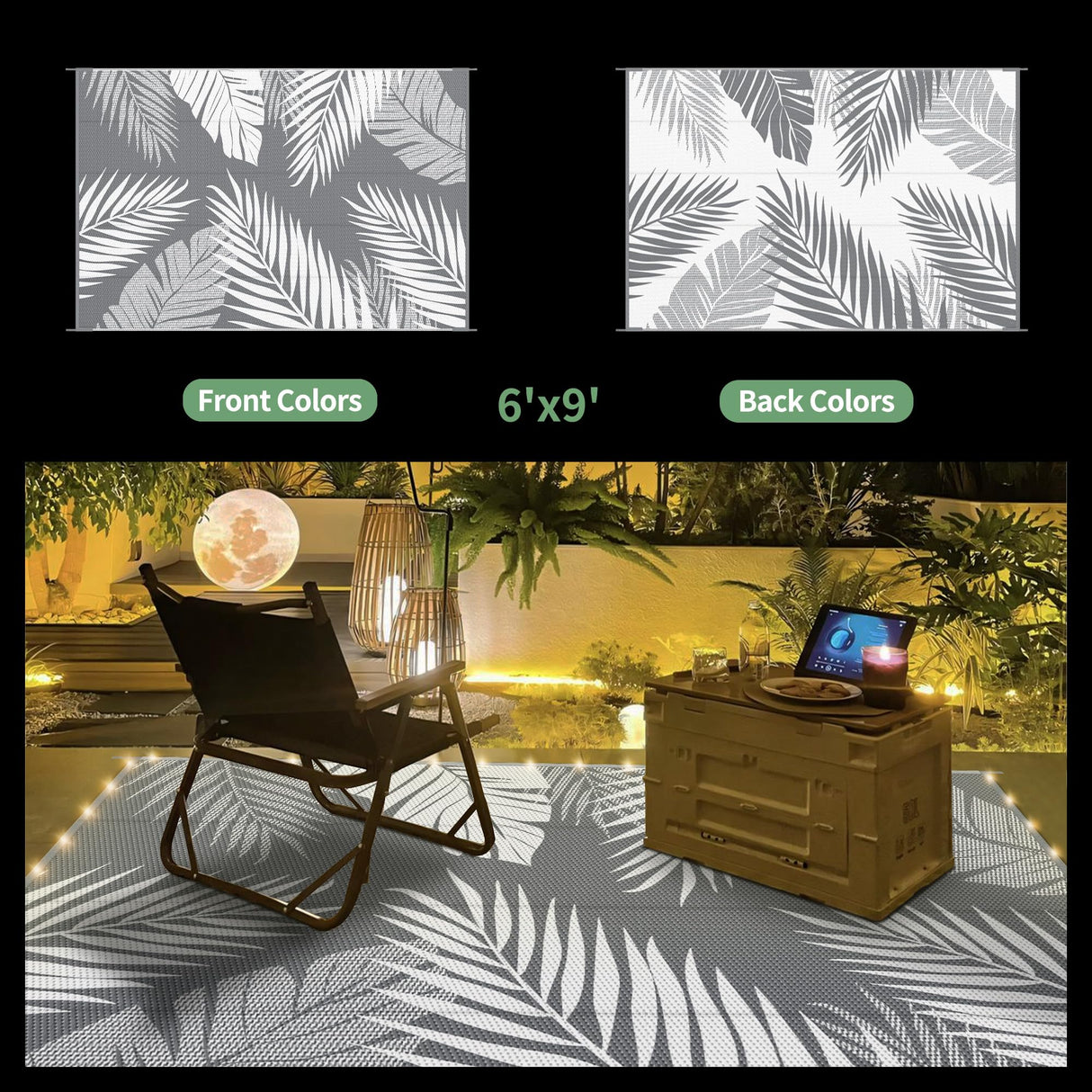 GENIMO Outdoor Rug 6' x 9' Waterproof for Patios Clearance, Reversible Outdoor Plastic Straw Camping Rug Carpet with LED String Light, Area Rugs Mats for RV, Camper, Deck, Balcony, Porch, Grey&White GENIMO