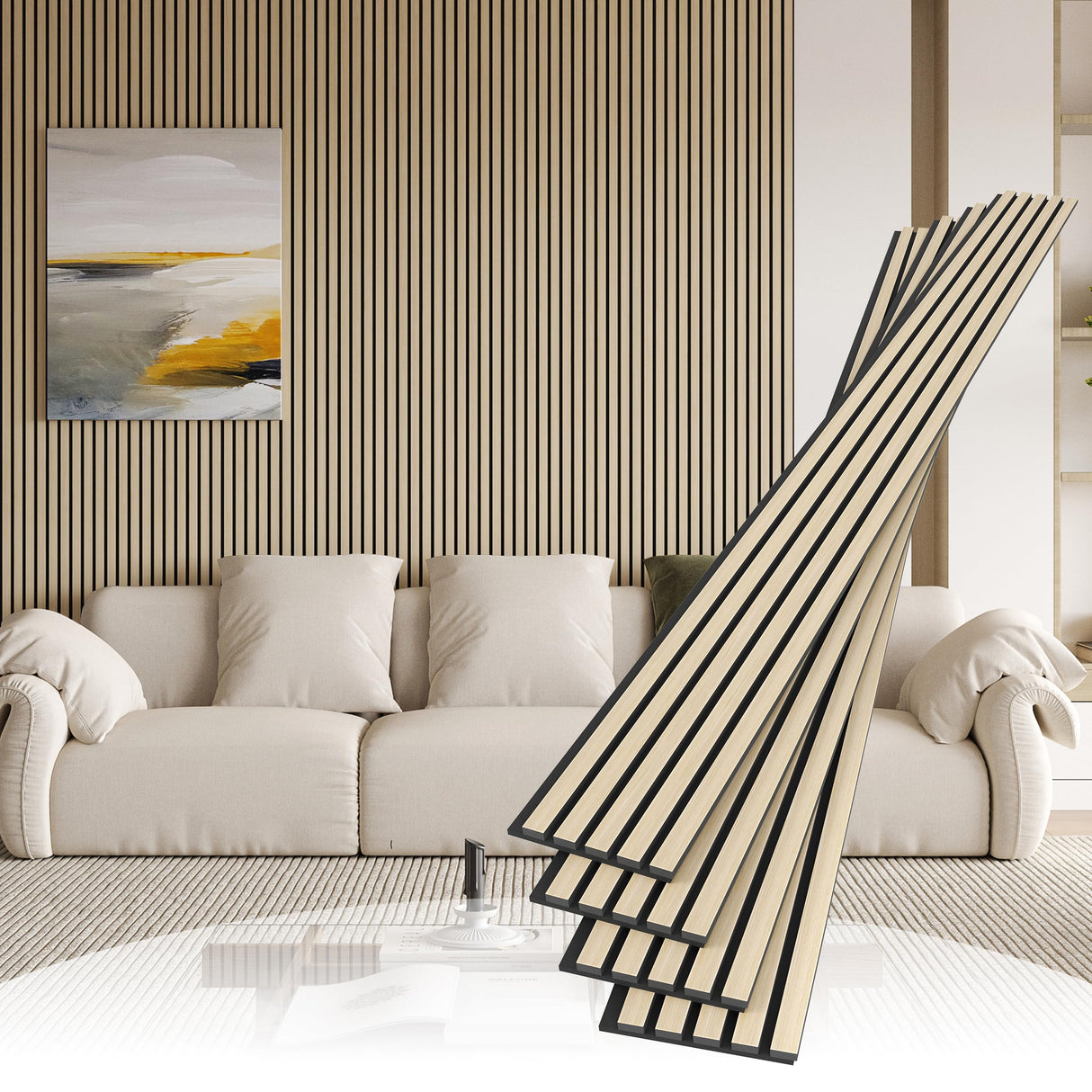POHARE 4 Pack Wood Slat Wall Wood Paneling,95 x 8 in Soundpoof Wooden Engineered Wood Slat Wall Panels,Stylish Acoustic Wall Panels for Interior Wall Decor with Felt Backing,Natural POHARE