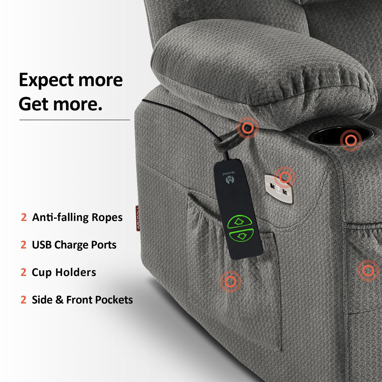 MCombo Power Lift Recliner Chair with Extended Footrest, 2 Cup Holders, USB Ports for Elderly People, Fabric 7286 (Grey) MCombo