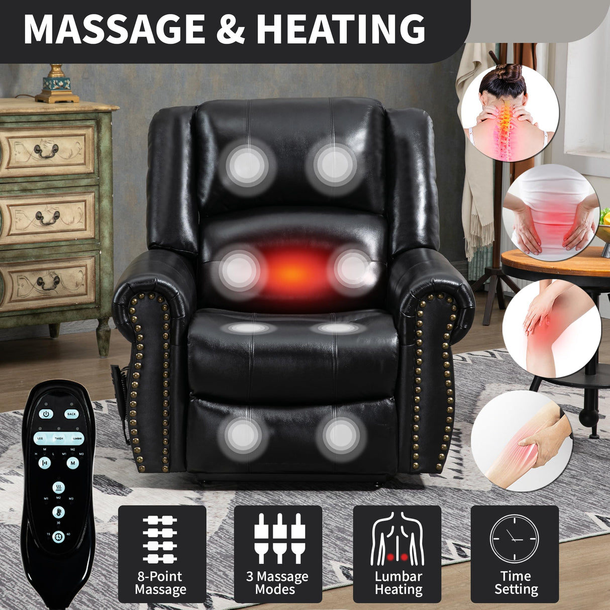 Dual Motor Power Lift Chair, Lay Flat Recliner Chair, Electric Recliner with Massage and Heat for Elderly, Remote Control, Infinite Position, Standing Assistance, USB Ports (Black, Genuine Leather) Trustyue