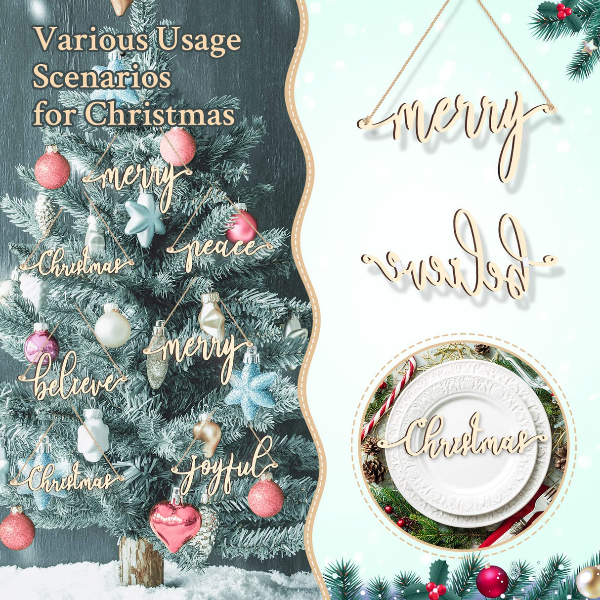 20 Pcs Merry Christmas Sign Xmas Wooden Cutout Letter Plate Ornaments Rustic Merry Sign Christmas Wooden Sign Table Decors Joyful Peace Believe Cutout Plates Ornament for Home Christmas(Burlywood) Jetec