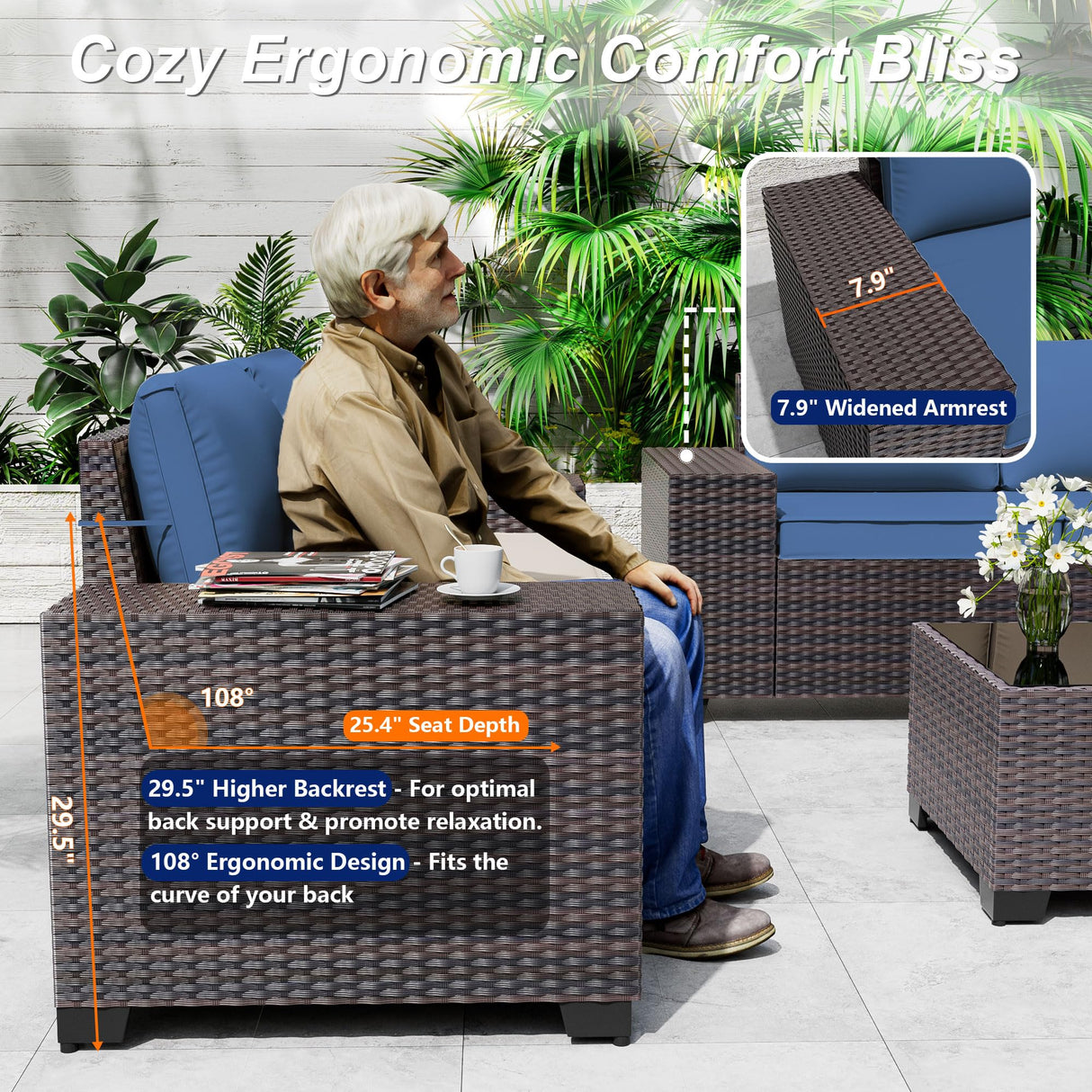 ASJMR Outdoor Patio Furniture Set, 12 Pieces Outdoor Sectional Furniture High Backrest Patio Set, All-Weather PE Rattan Patio Conversation Set w/Coffee Tables & Cushions-(Dark Blue) ASJMR