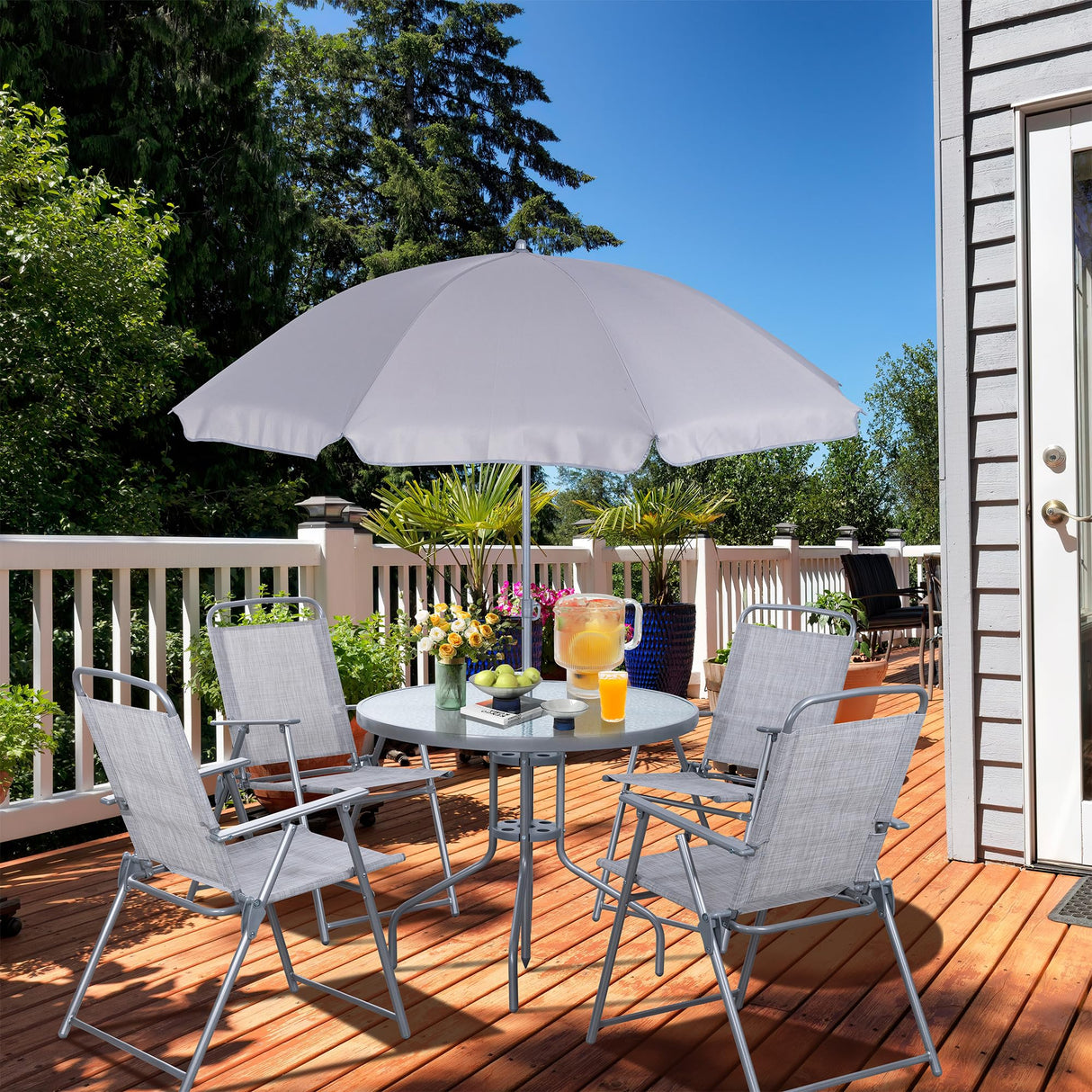 Vongrasig 6 Pieces Folding Patio Dining Set, All Weather Small Metal Outdoor Table and Chair Set, Garden Patio Furniture Set w/Umbrella, Glass Table & 4 Folding Chairs for Lawn, Backyard, Silver Vongrasig