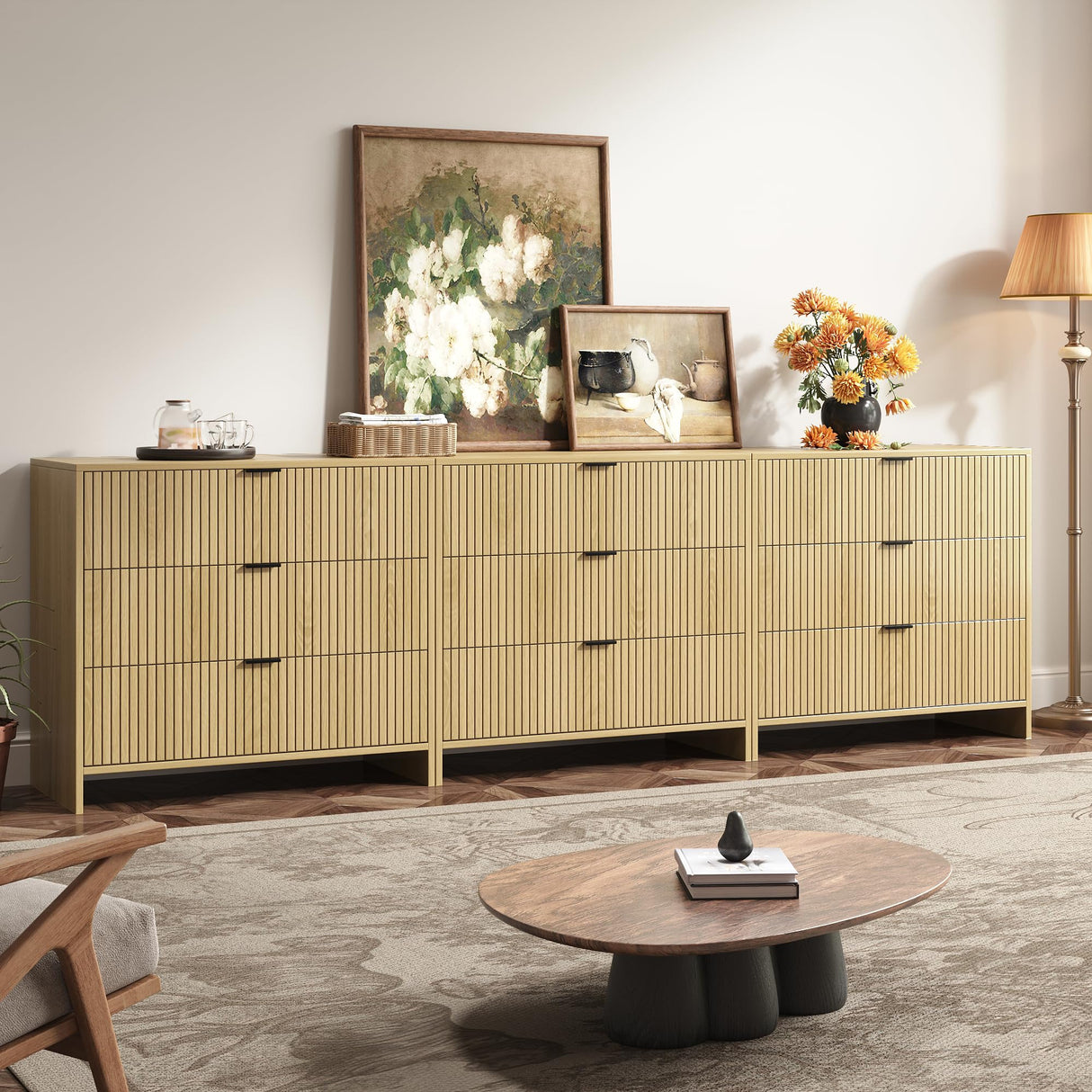 BVIUNTWO Fluted 9 Drawer Dresser,95 Inch Modern Chest of Drawers with Metal Handle,Wood Dresser Organizer for Bedroom,Living Room,Hallway,Natural Oak BVIUNTWO