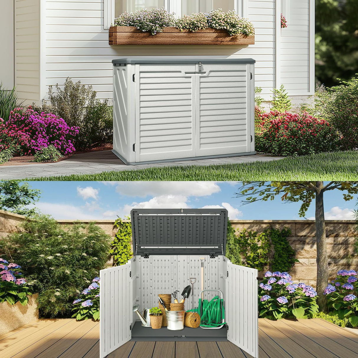 VINGLI Outdoor Storage Shed, Resin Storage Cabinet with Lockable Design, Weatherproof Tool Shed with HDPE Material, Resin Deck Box for Garden Tools, Pool Equipment, Garbage Cans, White (31.5 Cu.ft) VINGLI