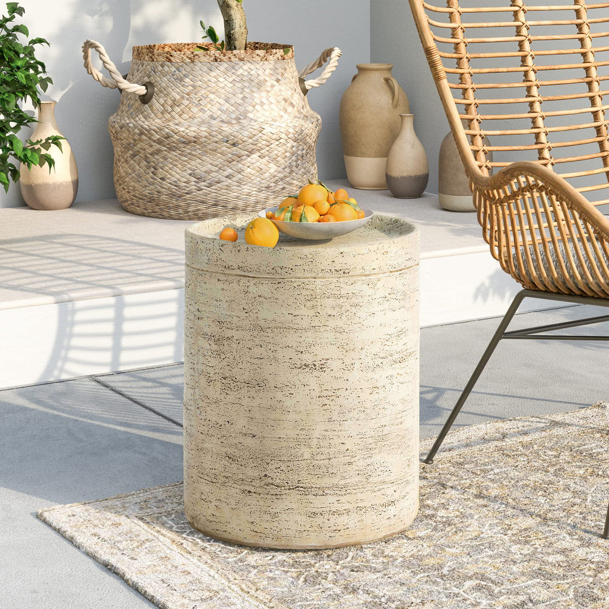 SUNBURY Concrete Side Table Set of 2, Outdoor Side Table for Patio, 14" Outdoor Accent Table Patio Round End Table, Ceramic Garden Stool Log SUNBURY