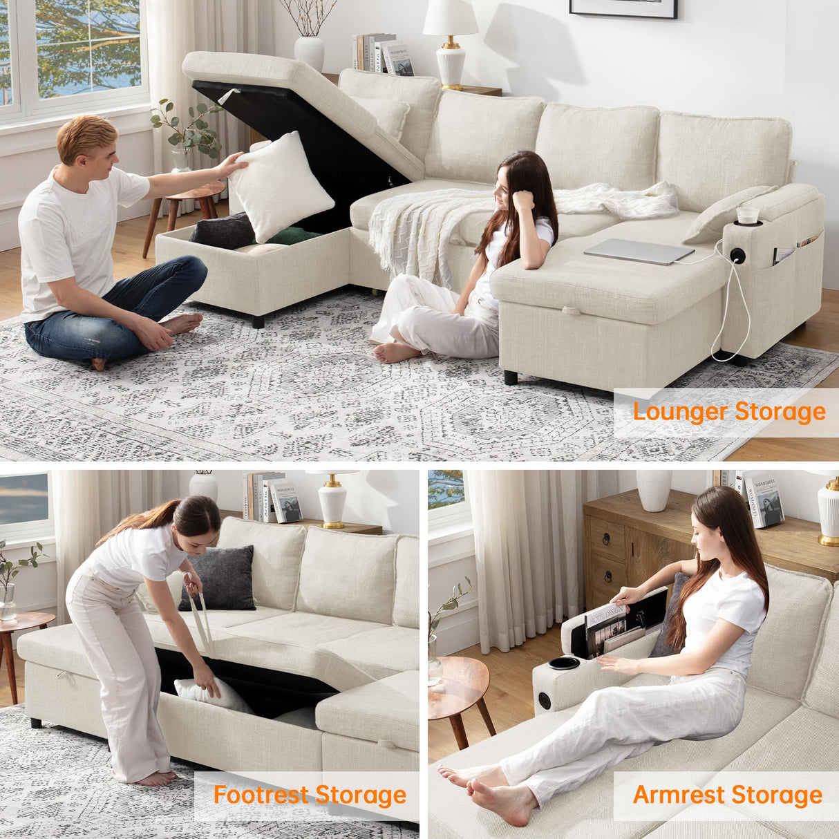 DURASPACE Sofa Bed Sleeper Sofa Pull Out Couch with Double Storage Chaise, Sectional for Living Room, U Shaped Couch with Removable Covers (Beige) DURASPACE