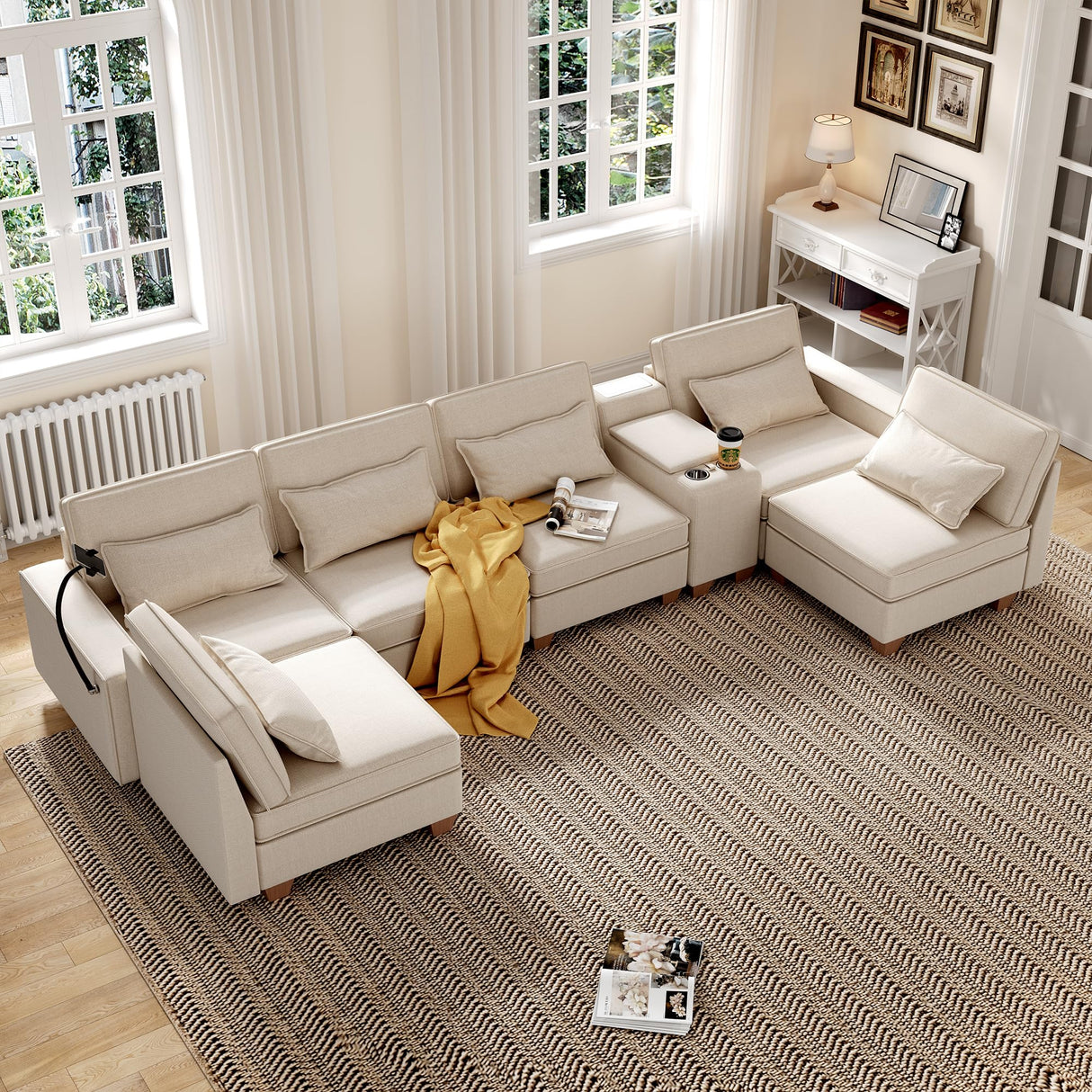 Modular Sectional Sofa, Sectional Couches for Living Room, L/U Shaped Sofa with Storage and Phone Holder, Modular Couch with Multi-Functional Console, USB Charging, Cup Holders (Beige, 6-seats) Pingliang Home