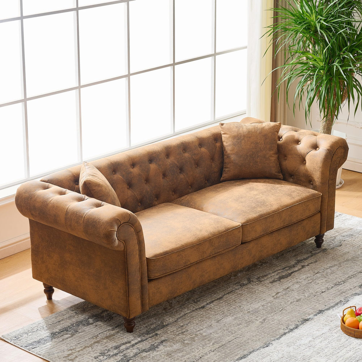 Mid Century Modern Faux Leather Couch Set of 2, Tufted Couch and Loveseat Set muebles para la sala Comfy Chesterfield Upholstered Office Furniture Living Room Sofa Set 2 Piece (Brown, 3+3 Seater) SLEERWAY