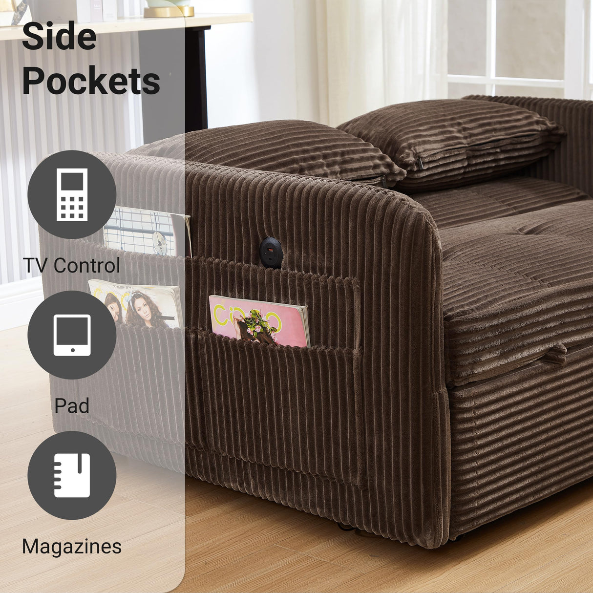 N NOORDENIYA 55.5" Corduroy Convertible Sofa Bed, Pull Out Sleeper Sofa Bed, Loveseat Couch with USB Charging Ports, 3 in 1 Convertible Sleeper Sofa Bed for Living Room, Apartment, Bedroom, RV, Brown N NOORDENIYA