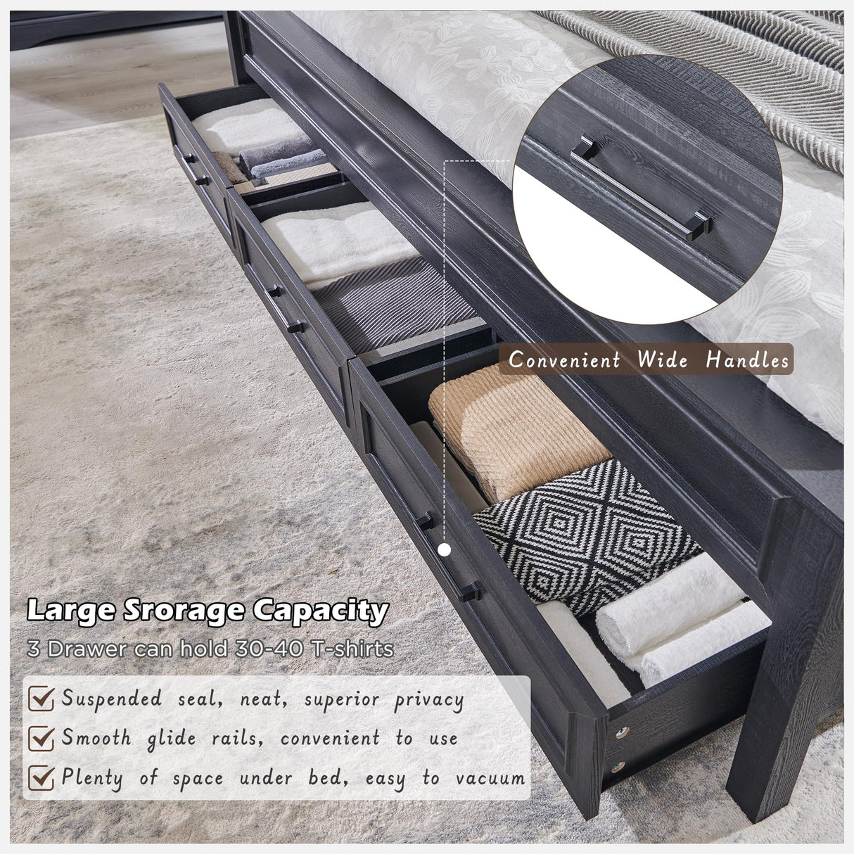 JXQTLINGMU Farmhouse Queen Wood Bed Frame with 52" Tall Headboard & Footboard, Platform Bedframe with Hidden Storage Drawers, Noiseless, No Box Spring Required, Antique Black JXQTLINGMU