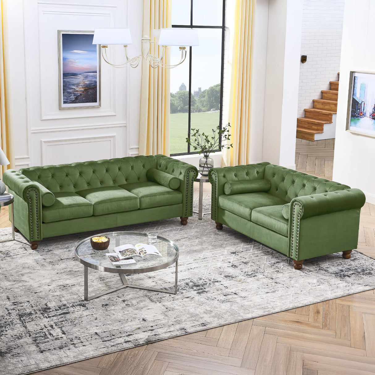 Asucoora Velvet Loveseat Couch, Rolled Arm 2-Seater Tufted Sofa with Nailhead Trim and 2 Neck Roll Pillows, Living Room Small Apartment Office Décor Green Asucoora