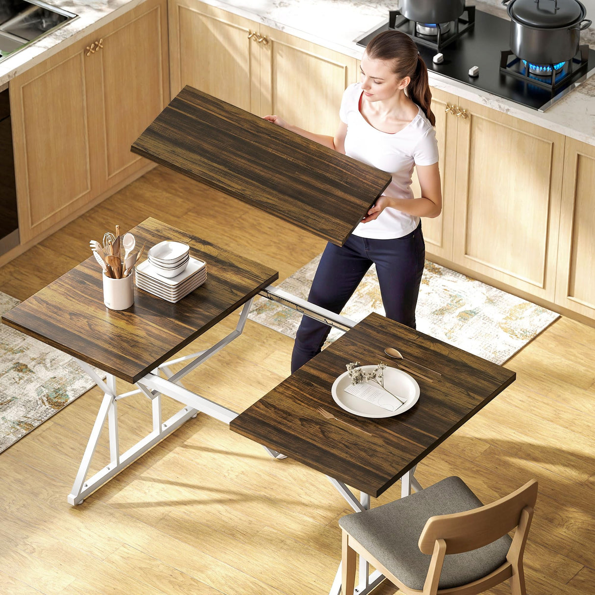 HOMCOM 47"-63" Expandable Dining Table for 4-6 People, Farmhouse Dinner Table with Heavy Duty Metal Trestle Base, Rectangle Kitchen Desk, Distressed Brown HOMCOM