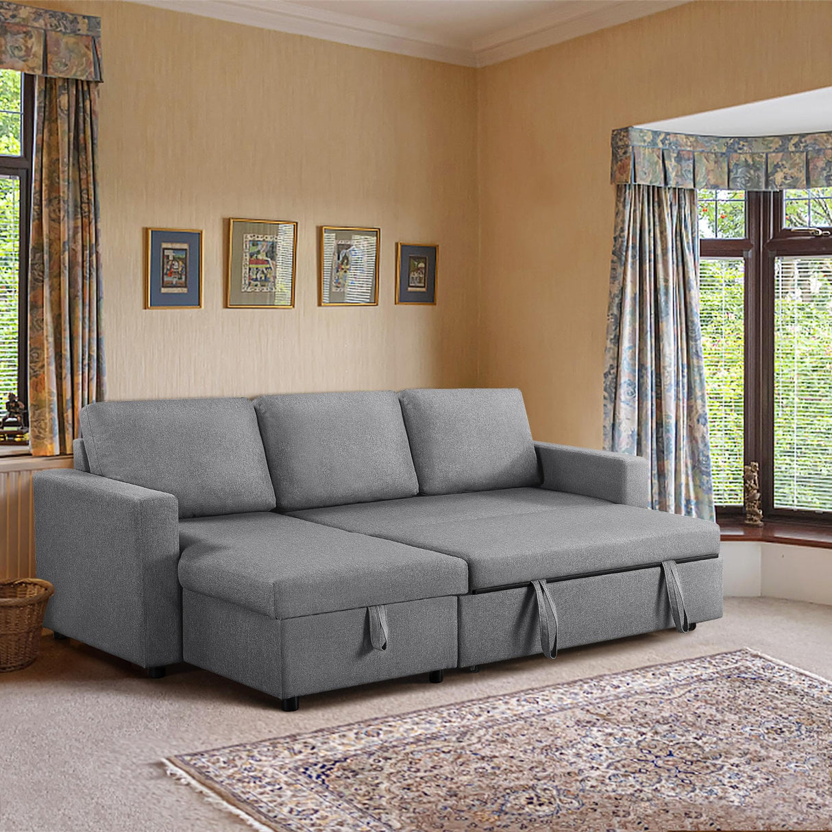 Yaheetech Sleeper Sofa Pull Out Sofa Bed 2 in 1 Sectional Sleeper Couches with Chaise L-Shaped Reversible Daybed with Pull Out Bed & Storage for Living Room Bedroom Apartment Light Gray Yaheetech