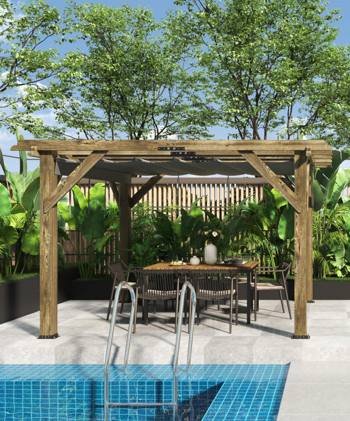 KYBOLT 10 X 12 Ft Wood Pergola with Retractable Sunshade Canopy, Solid Structure, Outdoor Pergola for Deck, Garden, Backyard - Charcoal Gray KYBOLT