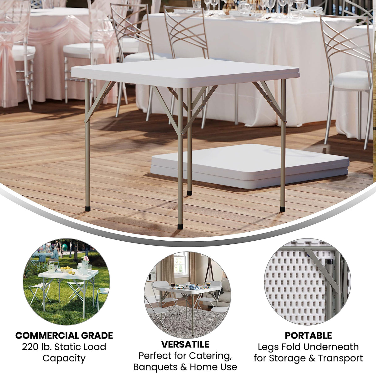 Flash Furniture Elon 2.85' Square Plastic Folding Event Table for Indoor/Outdoor Events, Portable Banquet Table with Locking Legs, White Flash Furniture
