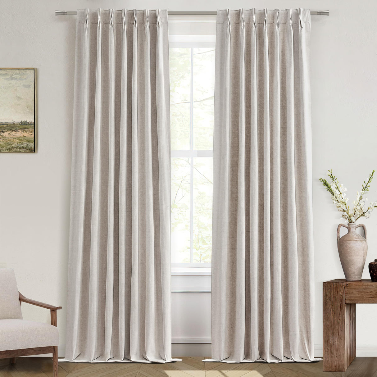QJmydeco Primitive Curtain 108 Inch Long 2 Panels Burg,Pinch Pleated Cream Linen Blended 9 ft Floor Length to Ceiling Traverse Curtains for Living Room Extra Wide Blackout Drapes Sun Blocking Window QJmydeco