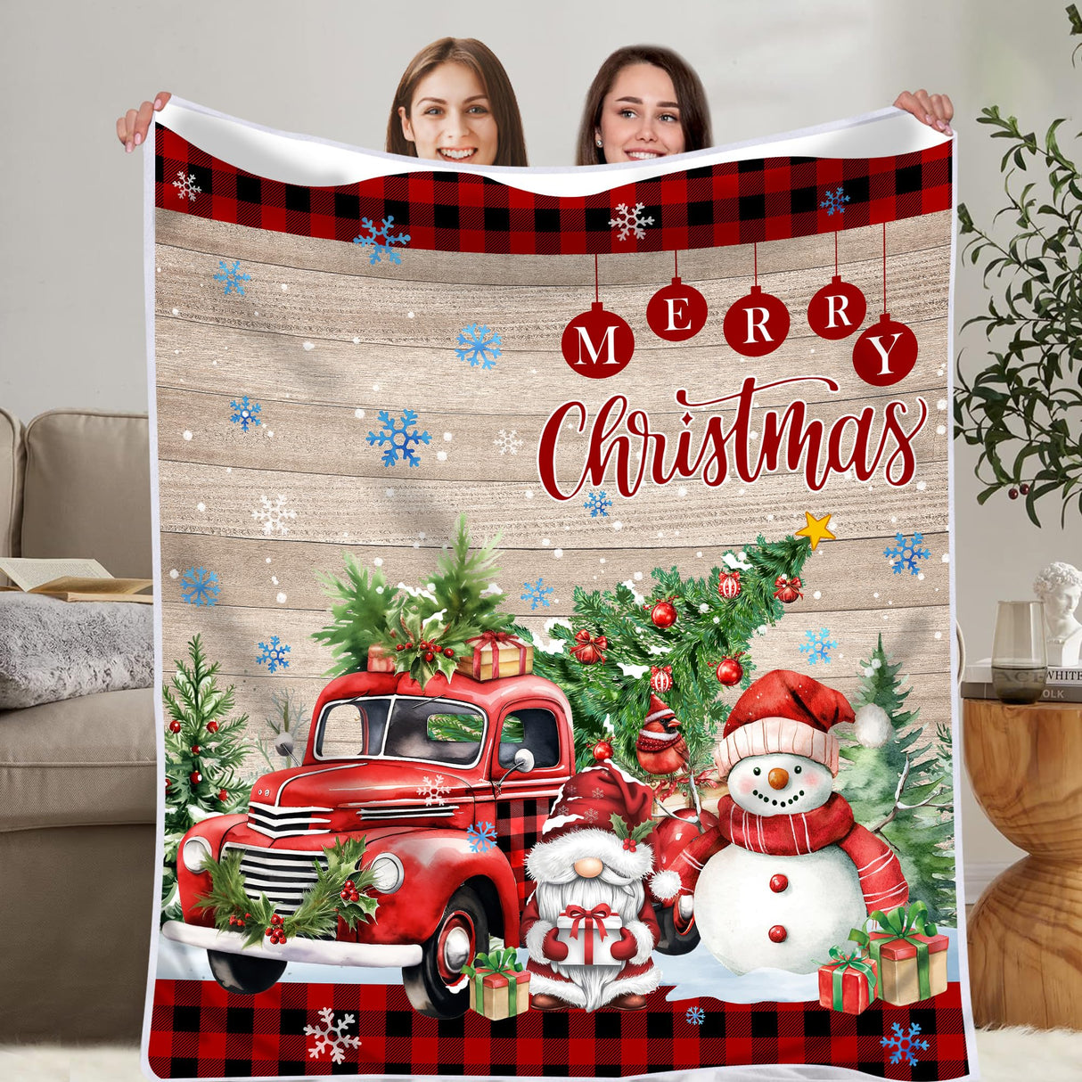 Christmas Blanket, Snowman Blanket for Women, Red Truck Soft Flannel Fleece Throw Blankets for Kids Girls Bed Living Room Couch, 50x60 Inches, Red Holiday Winter Gifts for Boys Men Unibyby