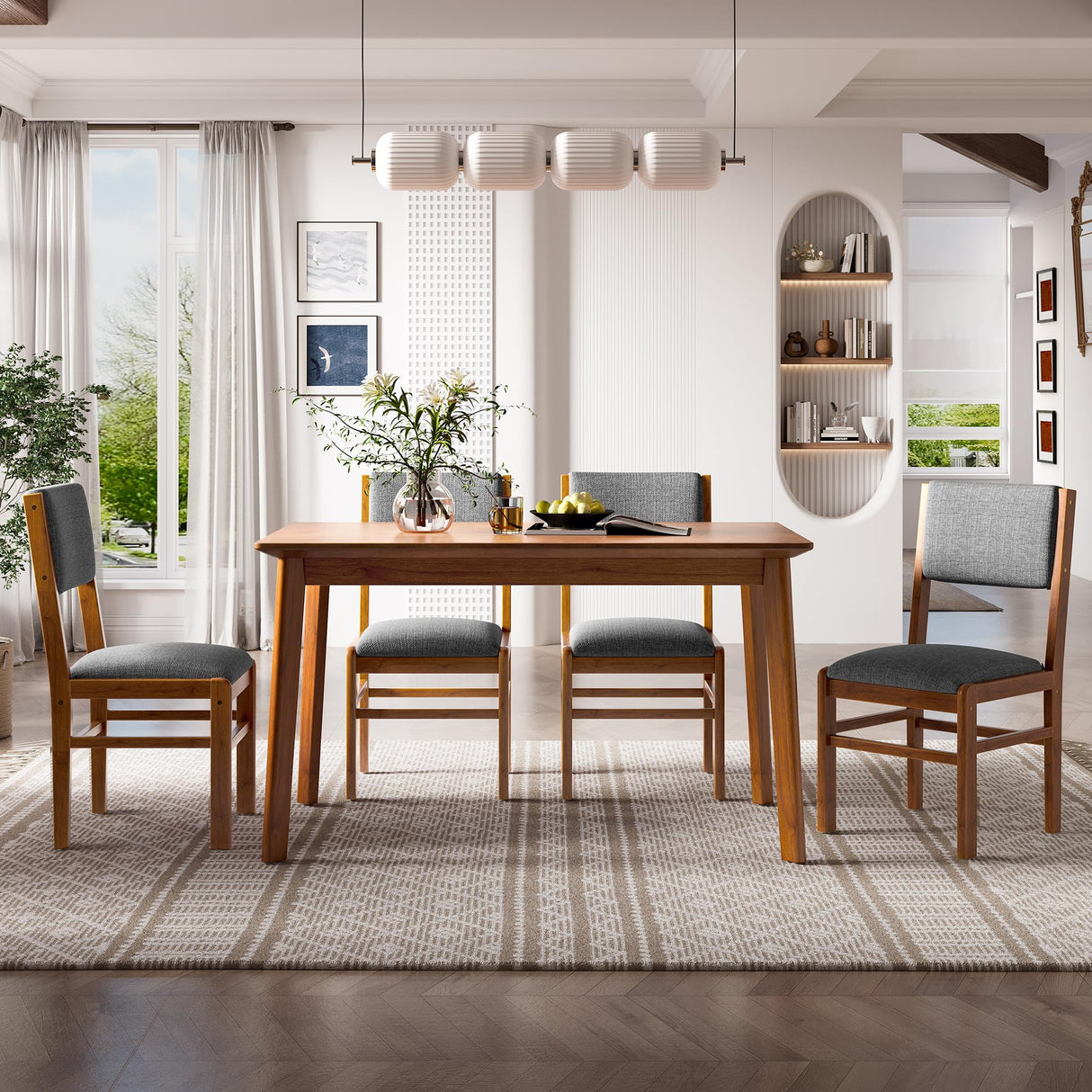 Merax 5 Piece Rectangle Wooden Dining Table Set, Mid Century Modern Tables and 4 Upholstered Wood Chairs for Kitchen, Home, Saving Space, Brown+Gray Merax