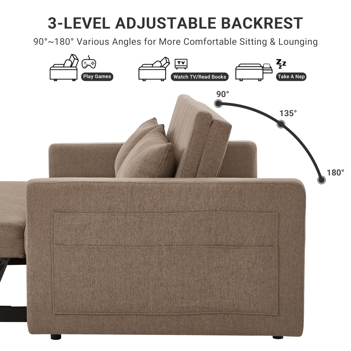 N NOORDENIYA 55.5" Fabric Convertible Sofa Bed, Pull Out Sleeper Sofa Bed, Loveseat Couch with Side Pocket, 3 in 1 Convertible Sleeper Sofa Bed for Living Room, Apartment, Bedroom, RV, Brown N NOORDENIYA