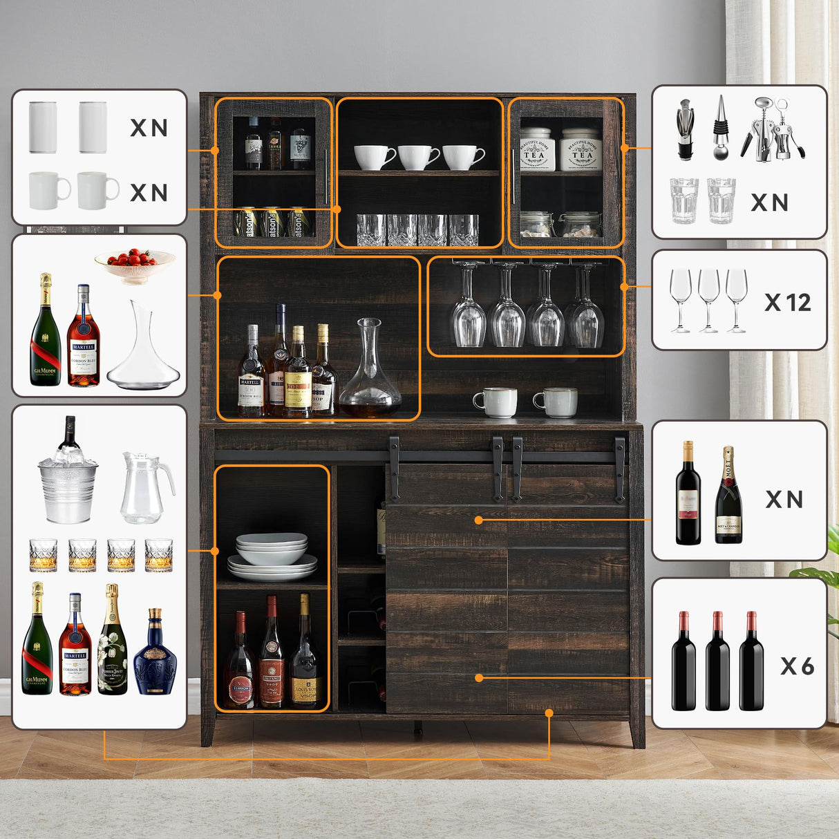 IDEALHOUSE Farmhouse Coffee Bar Cabinet with Sliding Barn Doors, 70'' Kitchen Hutch Cabinet with Storage, Wine&Glasses Rack, Tall Sideboard Buffet Cabinet for Kitchen, Dining Room, Oak IDEALHOUSE